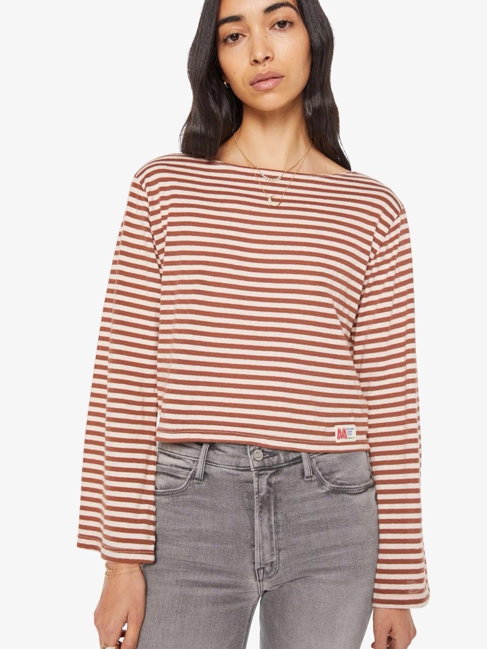 MOTHER The Skipper Bell Long Sleeve Tee – Brown/Cream- M- MSRP $148